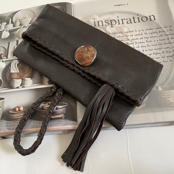 ARTISAN Pebbled Leather Brown Clutch with Petrified Wood Jasper Clasp is NWOT! - Picture 1 of 7